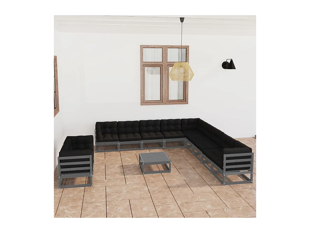 Salon de jardin 12 pcs avec coussins Gris Bois de pin massif