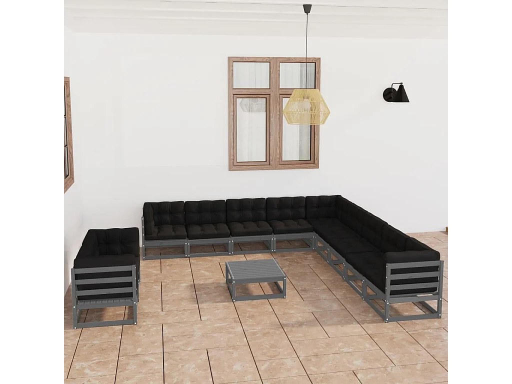 12 pcs conj. lounge de jardim + almofadões pinho maciço cinza