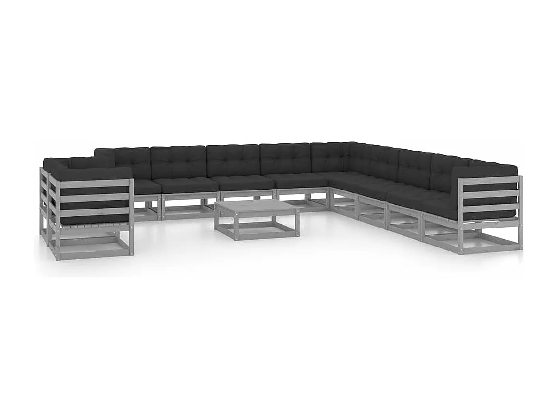 12 pcs conj. lounge de jardim + almofadões pinho maciço cinza