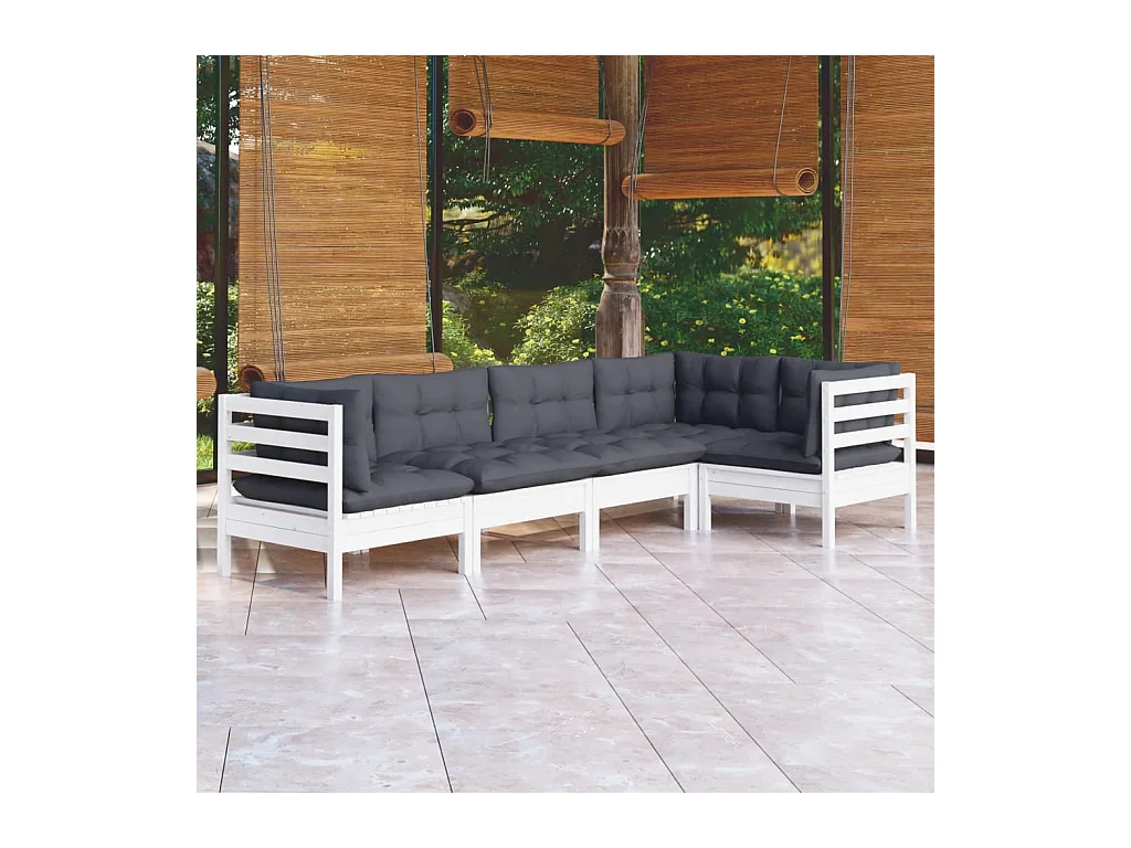 5-tlg. Garten-Lounge-Set mit Kissen Weiß Kiefernholz