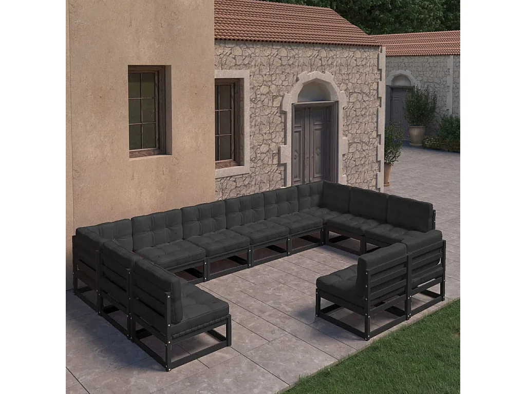12 pcs conjunto longue jardim c/ almofadões pinho maciço preto