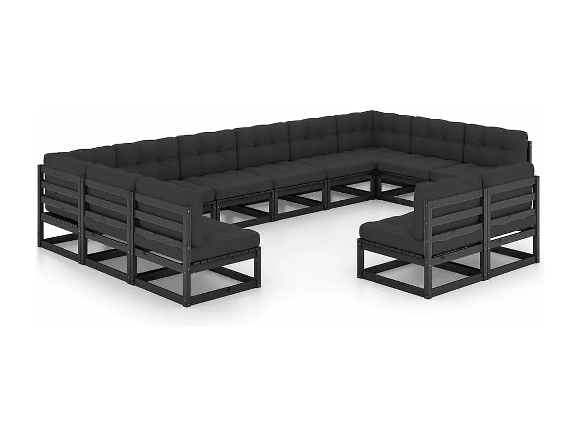 12 pcs conjunto longue jardim c/ almofadões pinho maciço preto