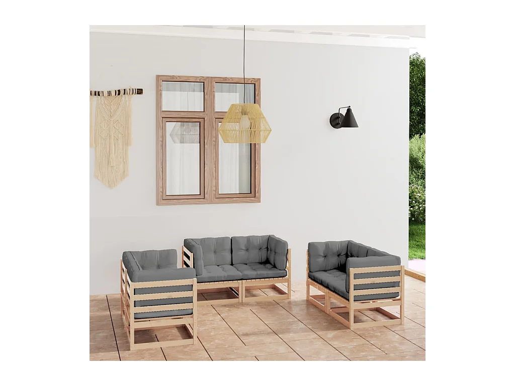 Salon de jardin 6 pcs avec coussins Bois de pin massif