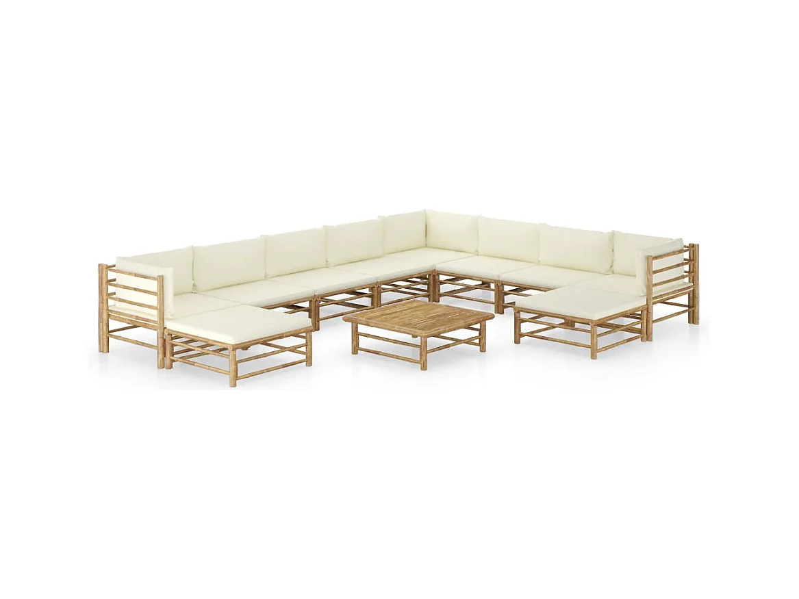 Set Salotto da Giardino 11pz con Cuscini Bianco Crema in Bambù