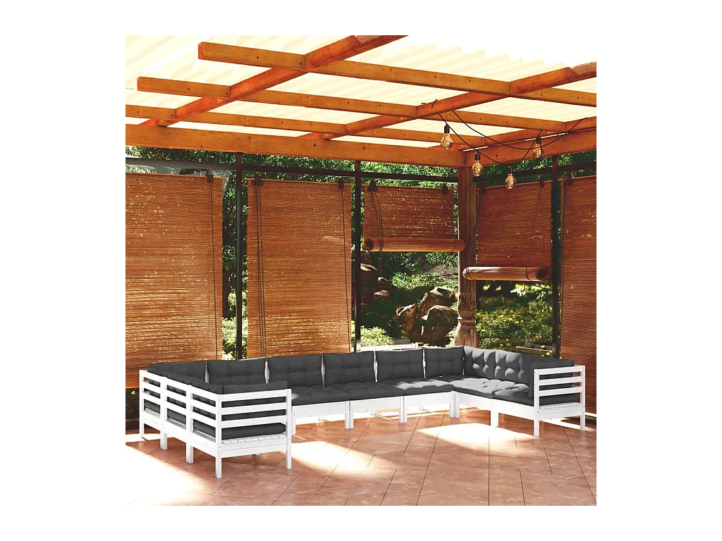 Salon de jardin 10 pcs avec coussins blanc bois de pin