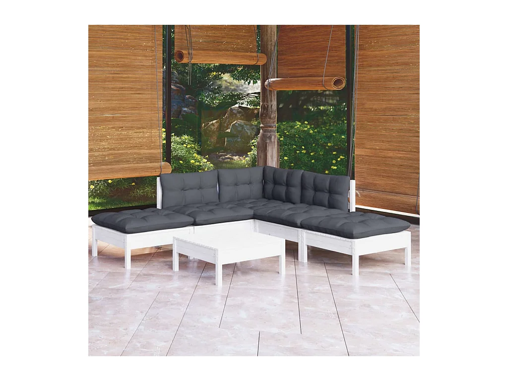 Set Divani da Giardino 6 pz con Cuscini Bianchi Legno di Pino