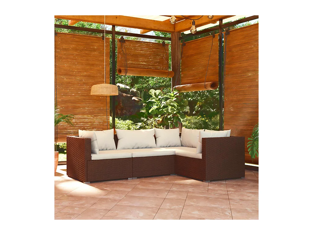Set Divani da Giardino 4 pz con Cuscini in Polyrattan Marrone