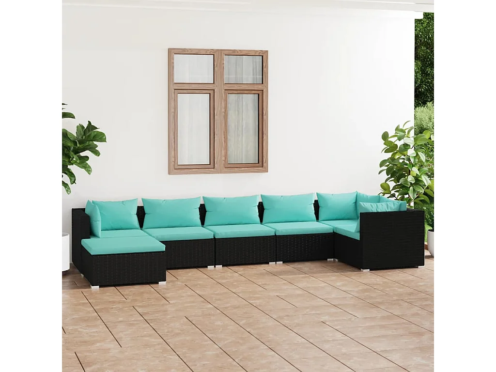 7-tlg. Garten-Lounge-Set mit Kissen Poly Rattan Schwarz