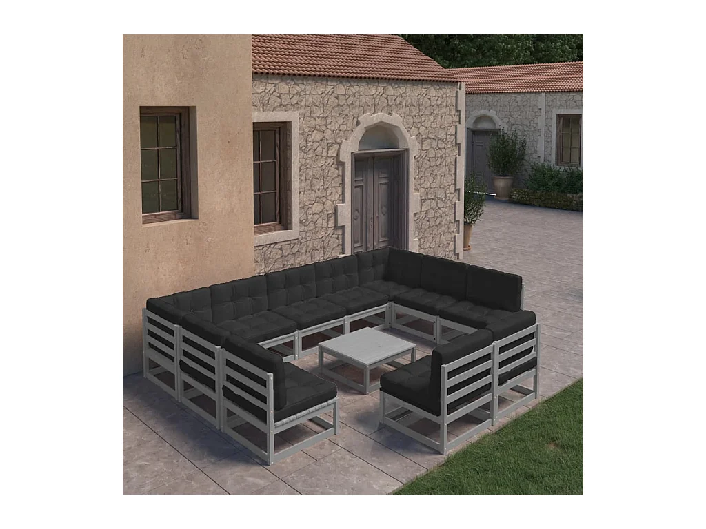 Salon de jardin 10 pcs avec coussins Gris Bois de pin massif