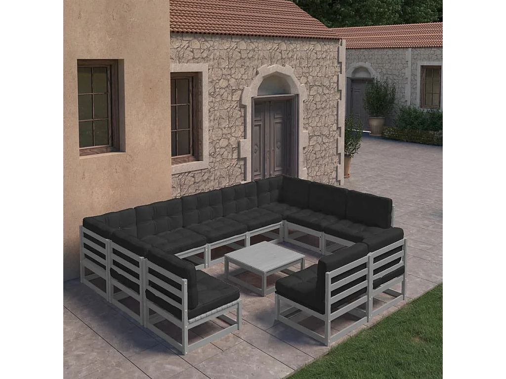 10-tlg. Garten-Lounge-Set mit Kissen Grau Massivholz Kiefer