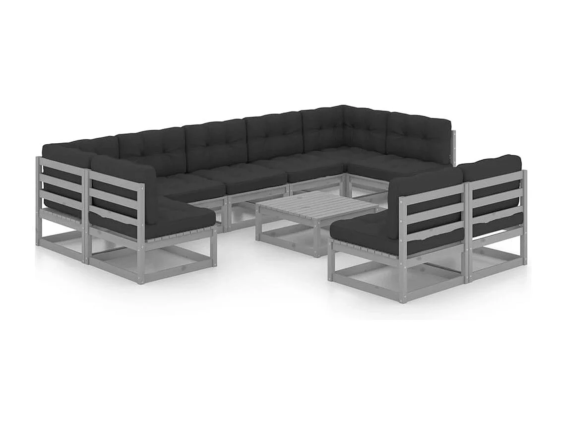 10-tlg. Garten-Lounge-Set mit Kissen Grau Massivholz Kiefer