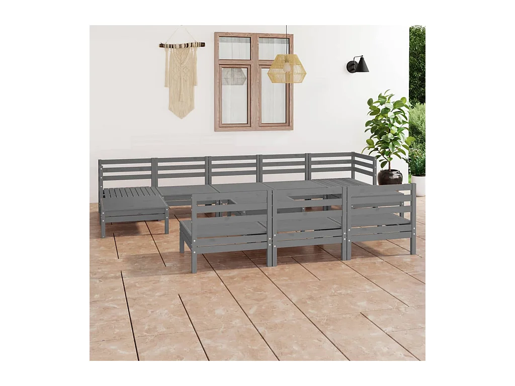 Salon de jardin 11 pcs Gris Bois de pin massif