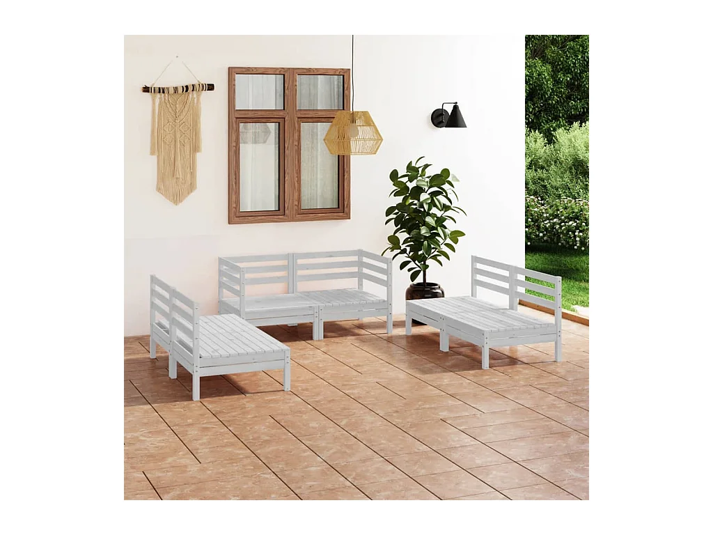 Salon de jardin 6 pcs Blanc Bois de pin massif