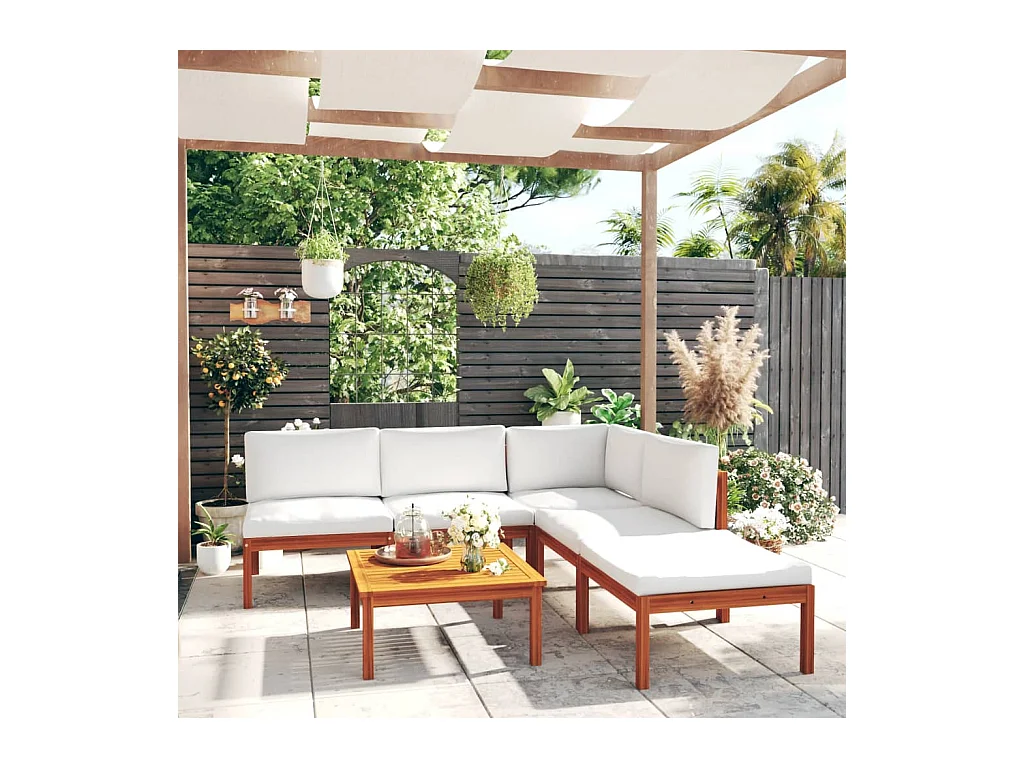 Set da giardino 6 pezzi con cuscini in legno crema, acacia e corda