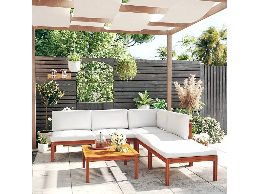 6-tlg. Garten-Lounge-Set mit Kissen Cremefarbenes Holz Akazie & Seil