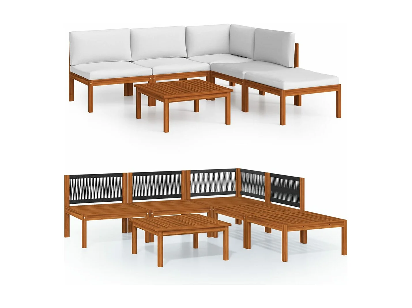 6-tlg. Garten-Lounge-Set mit Kissen Cremefarbenes Holz Akazie & Seil