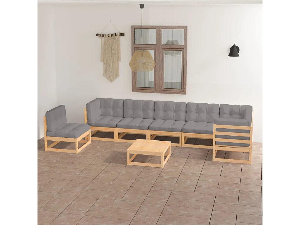 8 pcs conjunto lounge de jardim c/ almofadões pinho maciço