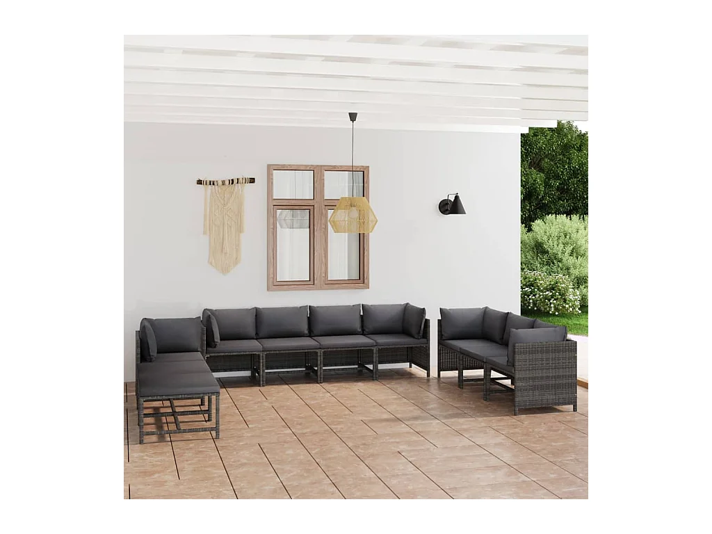 Salon de jardin 10 pcs avec coussins Résine tressée Gris