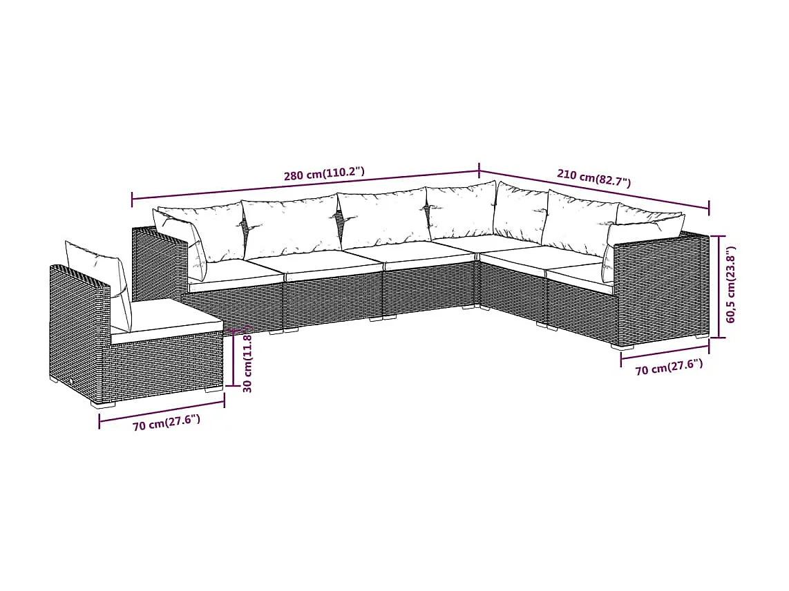 7 pcs conjunto lounge jardim c/ almofadões vime PE castanho