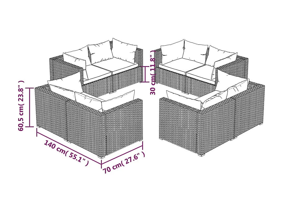 8 pcs conjunto lounge de jardim c/ almofadões vime PE preto