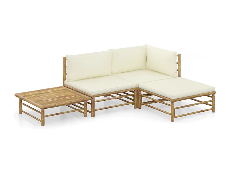 Set de muebles de jardín 4 piezas bambú y cojines blanco crema