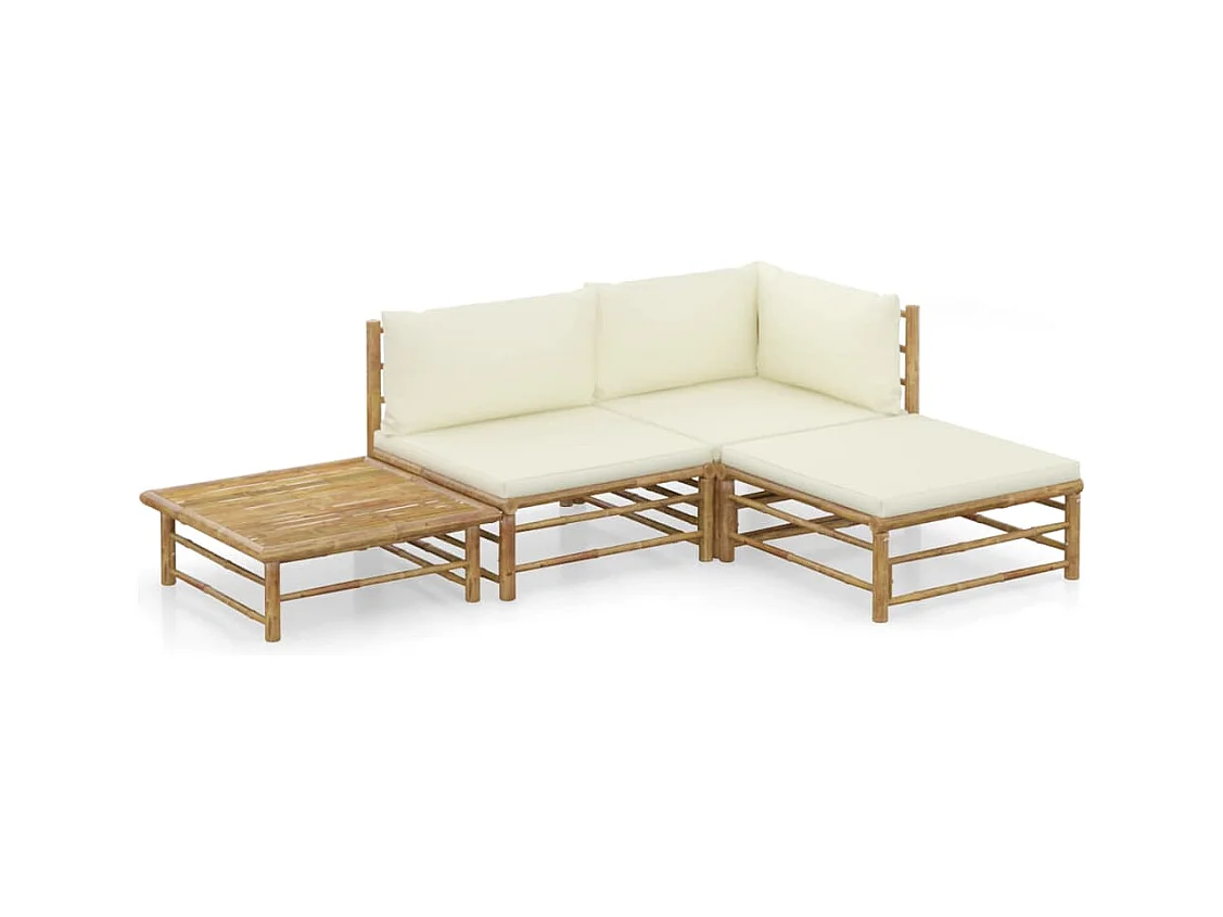 Salon de jardin 4 pcs avec coussins blanc crème bambou
