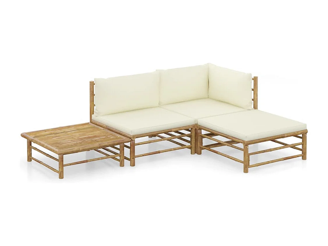 Salon de jardin 4 pcs avec coussins blanc crème bambou