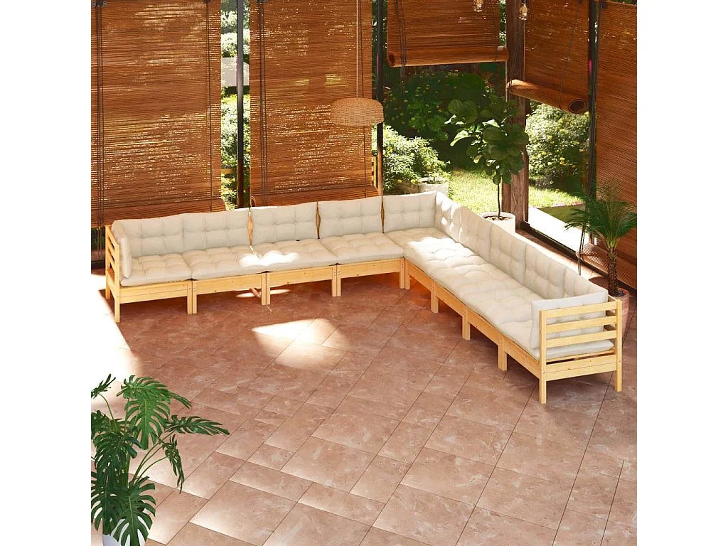 9-delige Loungeset met crèmekleurige kussens massief grenenhout