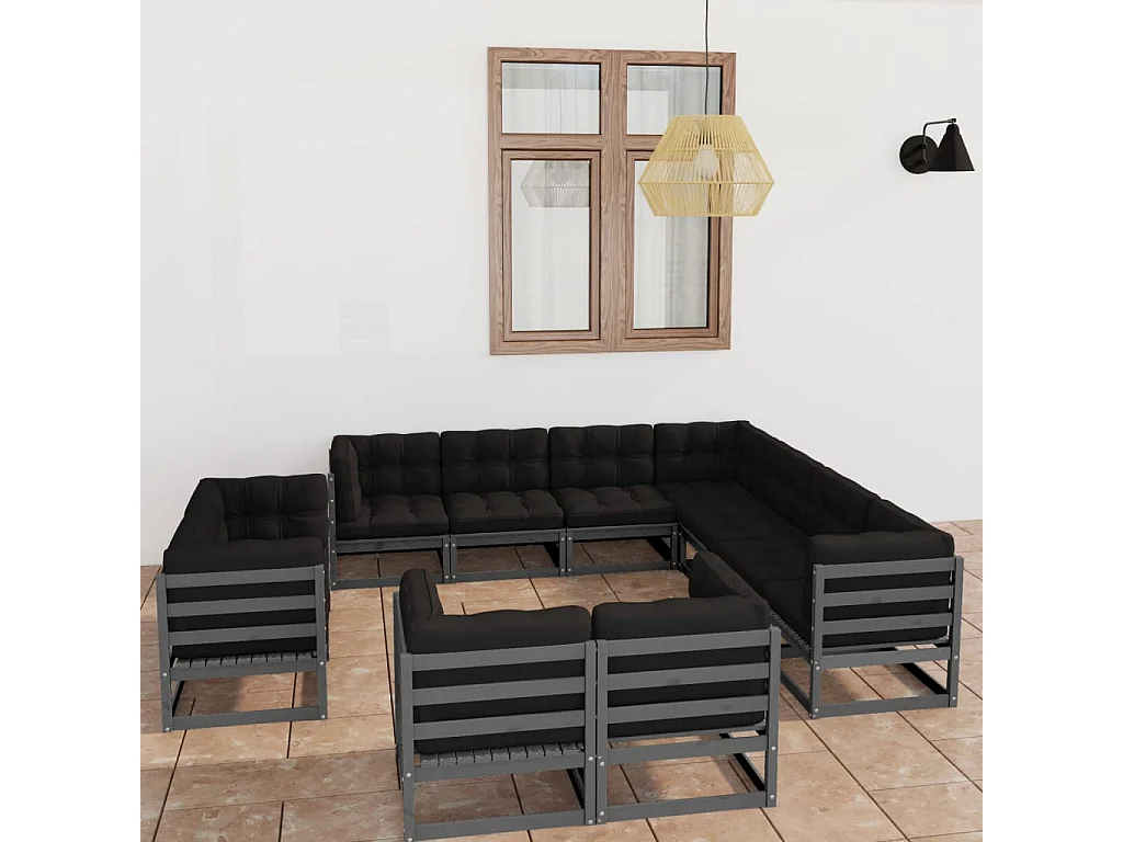 Salon de jardin 11 pcs avec coussins Gris Bois de pin massif