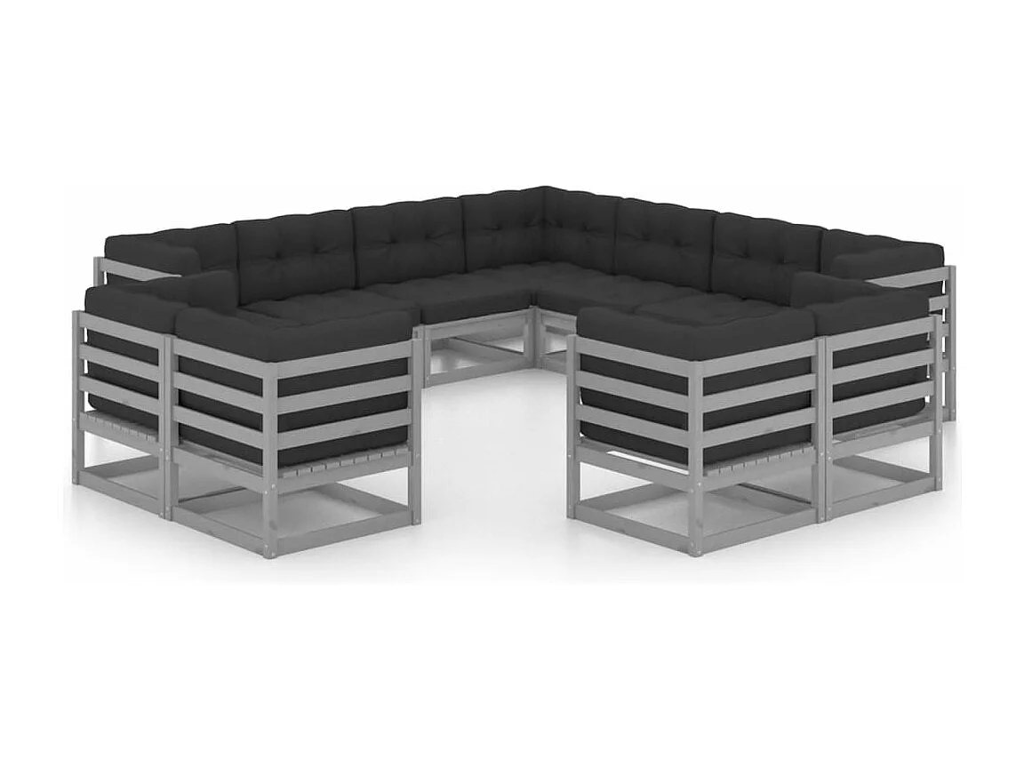Salon de jardin 11 pcs avec coussins Gris Bois de pin massif