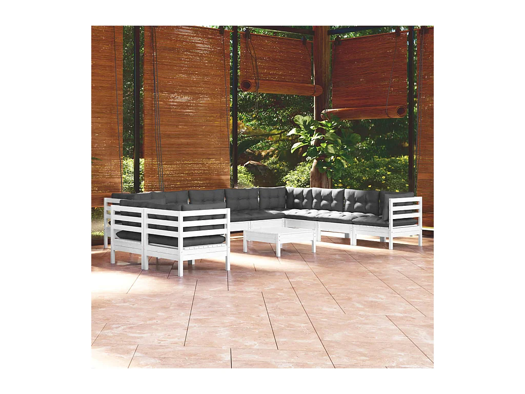 Salon de jardin 11 pcs avec coussins blanc bois de pin solide