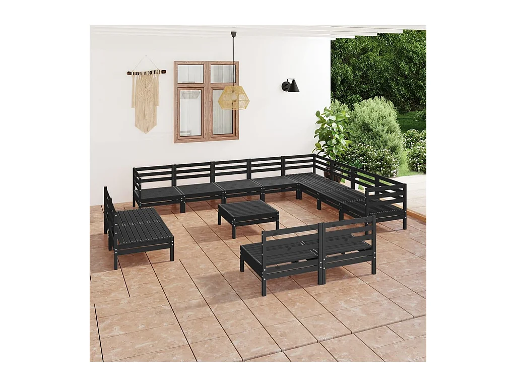 13-tlg. Garten-Lounge-Set Massivholz Kiefer Schwarz