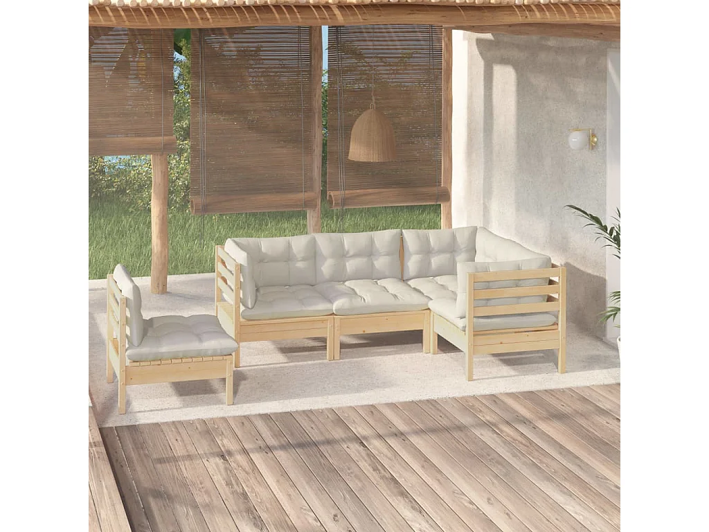 Salon de jardin 5 pcs avec coussins crème bois de pin
