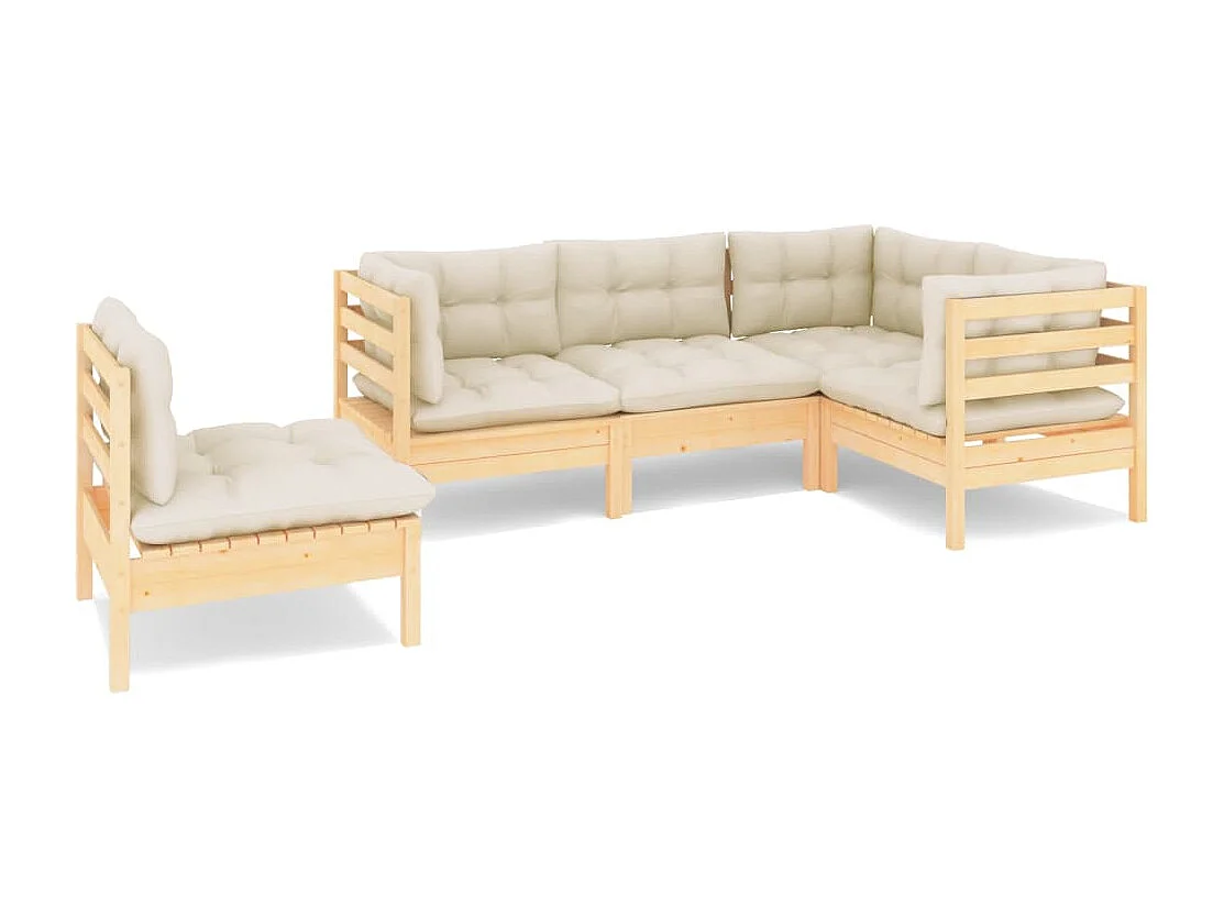 Salon de jardin 5 pcs avec coussins crème bois de pin