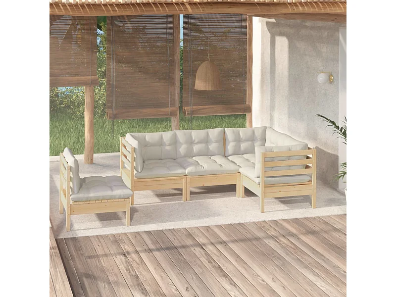 Salon de jardin 5 pcs avec coussins crème bois de pin