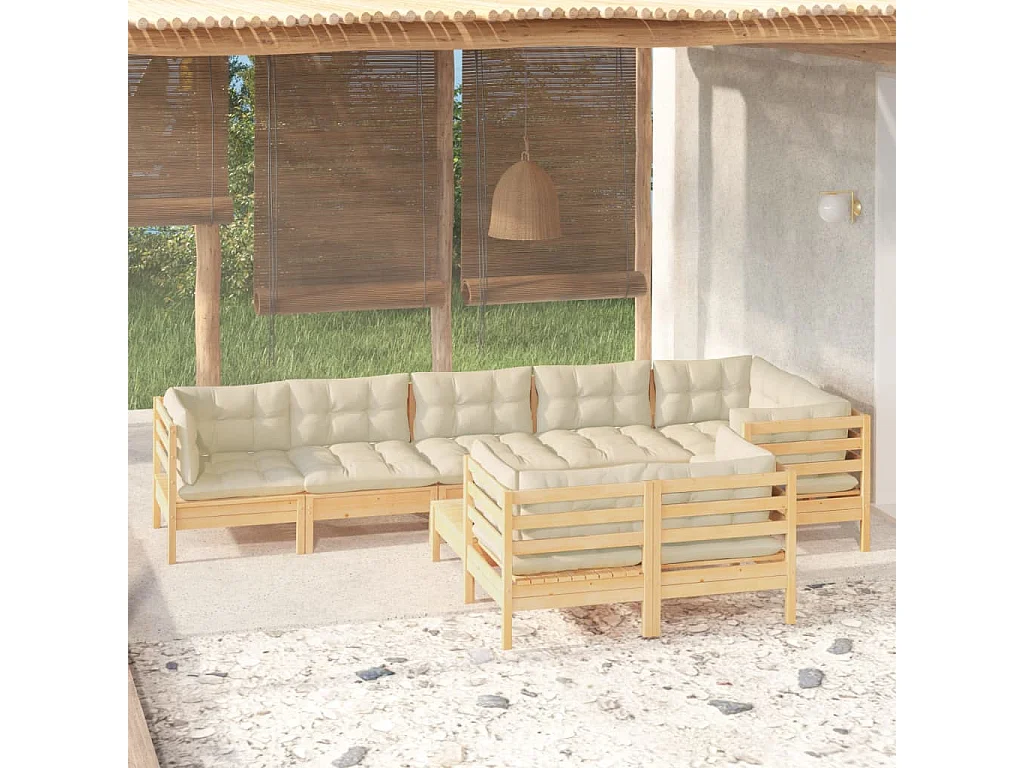 9 pcs conjunto lounge jardim c/ almofadões creme pinho maciço