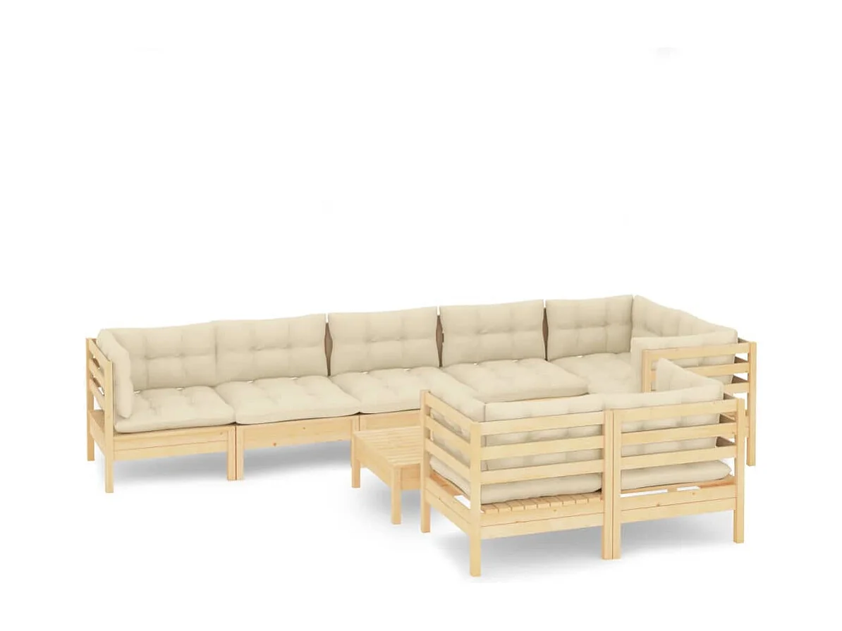 9 pcs conjunto lounge jardim c/ almofadões creme pinho maciço