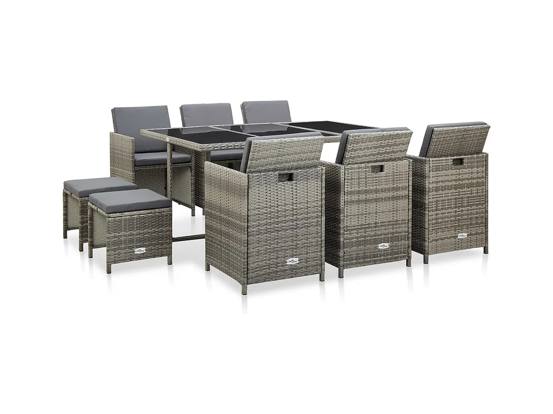 Set da Pranzo da Giardino 11 pz con Cuscini Polyrattan Grigio
