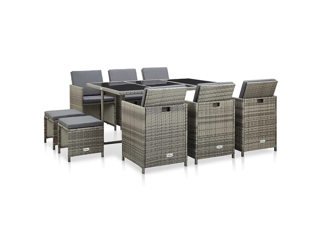 Ensemble à manger d’extérieur 11pcs et coussins poly rotin Gris