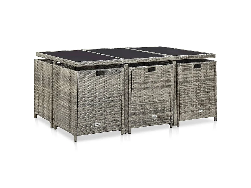 Ensemble à manger d’extérieur 11pcs et coussins poly rotin Gris