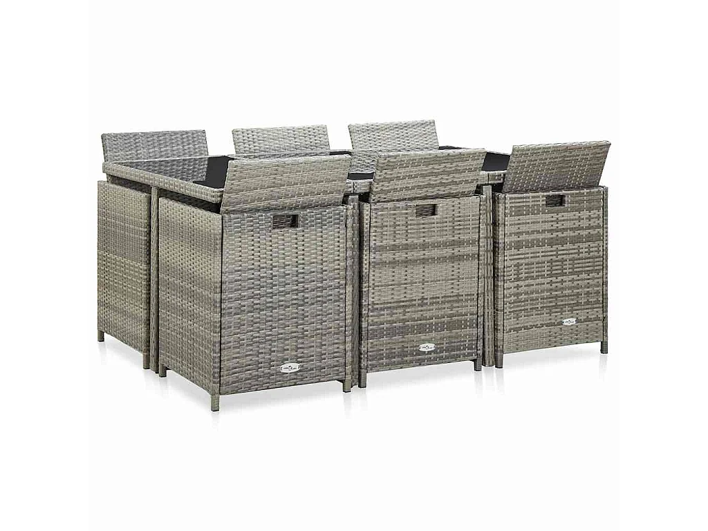 Ensemble à manger d’extérieur 11pcs et coussins poly rotin Gris