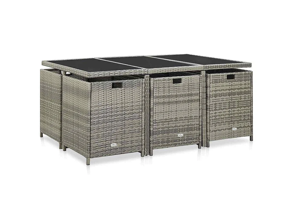 Ensemble à manger d’extérieur 11pcs et coussins poly rotin Gris