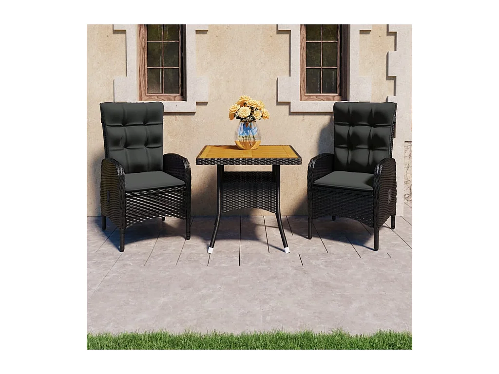 Ensemble à dîner de jardin 3 pcs Résine tressée et acacia Noir