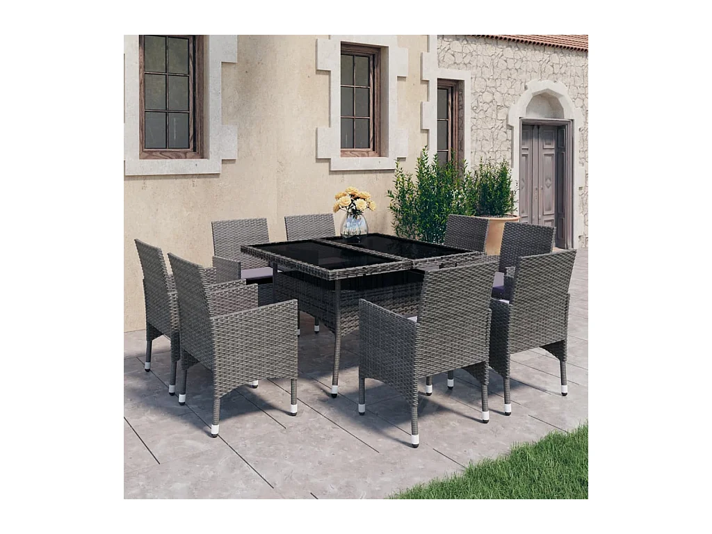 Ensemble à manger de jardin 9 pcs Résine tressée et verre Gris