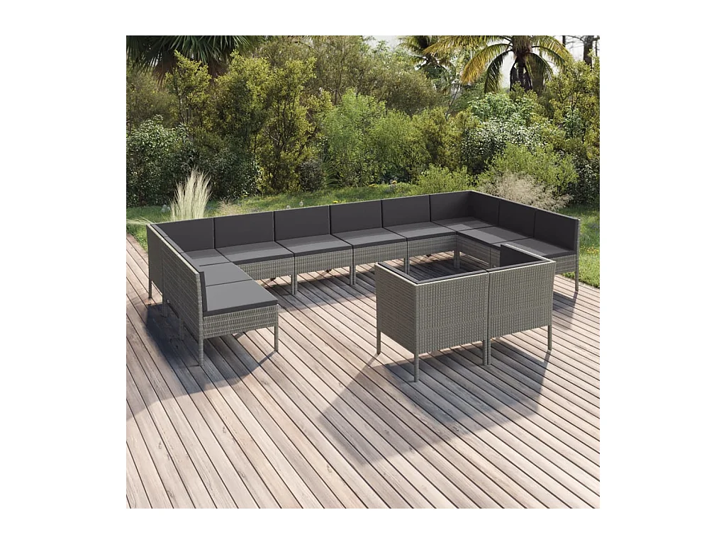12-tlg. Garten-Lounge-Set mit Auflagen Poly Rattan Grau