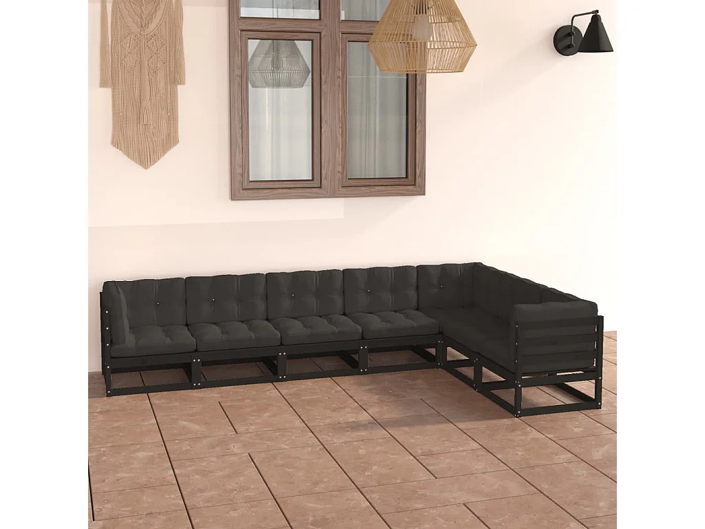 Set Divani da Giardino 7 pz con Cuscini Massello di Pino Nero