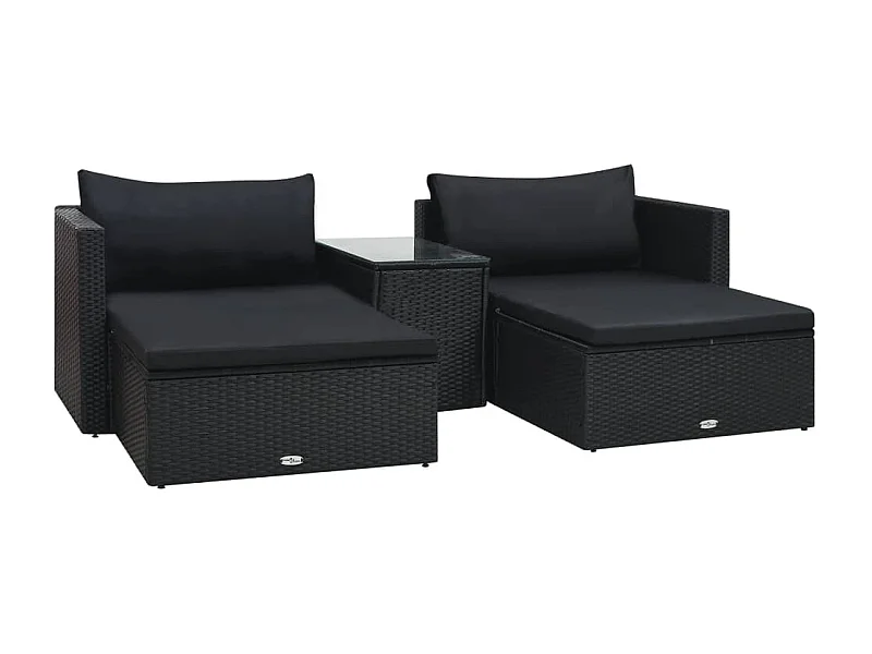 5-delige Loungeset met kussens poly rattan zwart