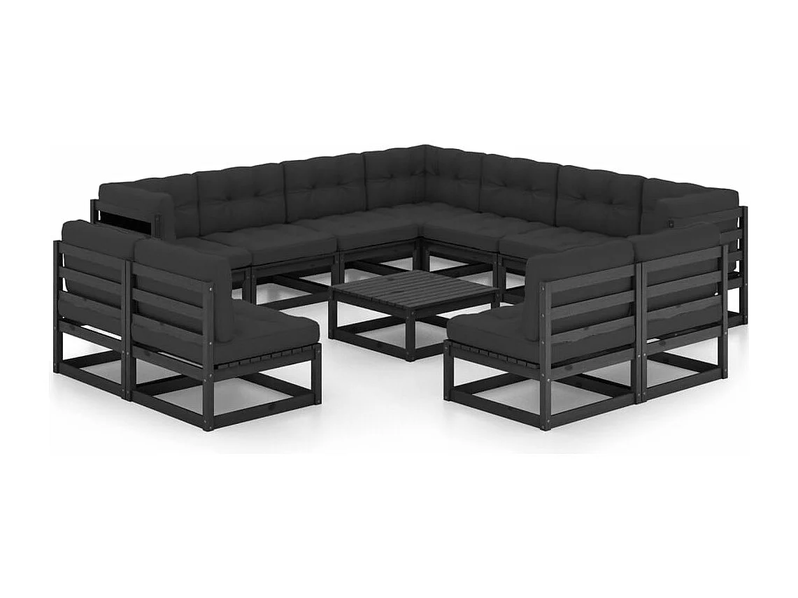 Salon de jardin 12 pcs avec coussins Noir Bois de pin massif