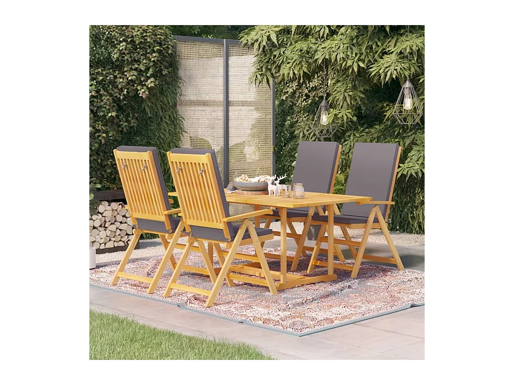 Set da Pranzo da Giardino 5 pz con Cuscini Grigi Legno di Teak