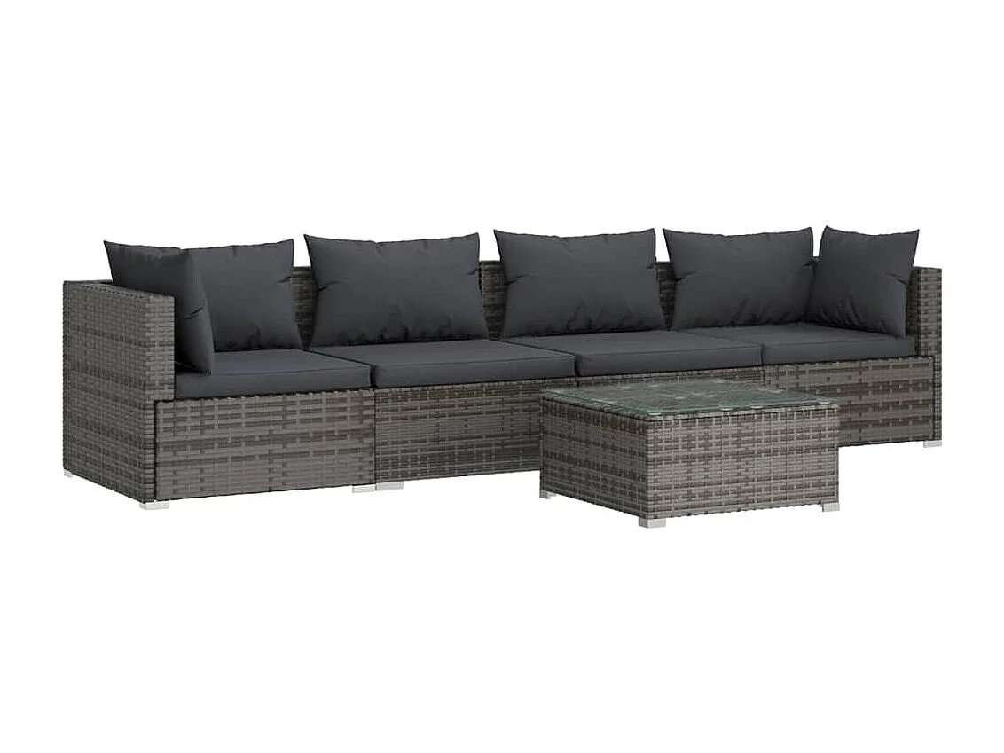 Set Divani da Giardino 5 pz con Cuscini in Polyrattan Grigio
